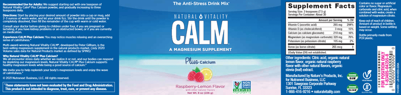 Natural Calm + Calcium Raspberry-Lemon (Natural Vitality) 8oz Label
