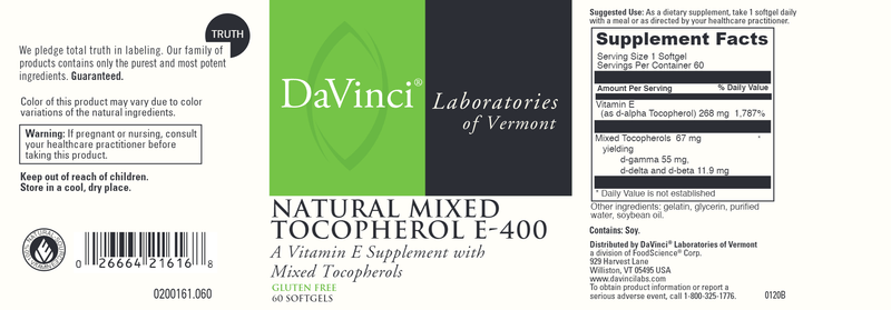 Natural Mixed Tocopherol E 400 DaVinci Labs Label