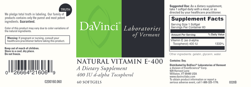 Natural Vitamin E 400 DaVinci Labs Label