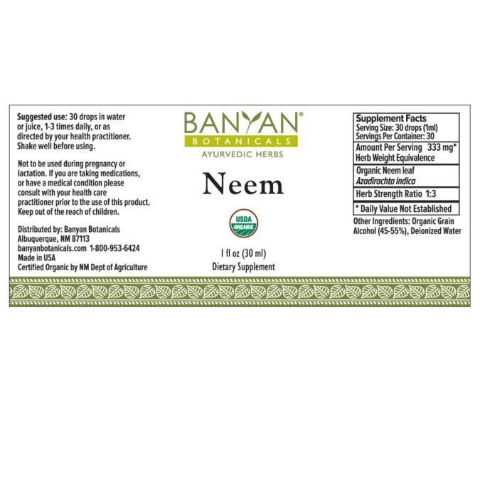 Neem Liquid Extract (Banyan Botanicals) Label