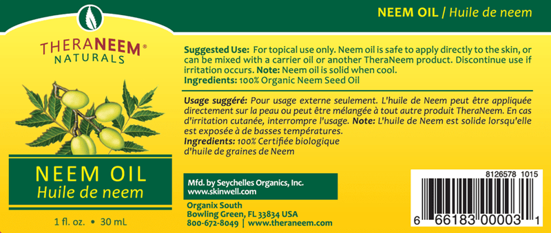 Neem Oil Organic Cold Pressed (Theraneem) Label