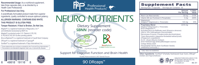 Neuro Nutrients Professional Health Products Label