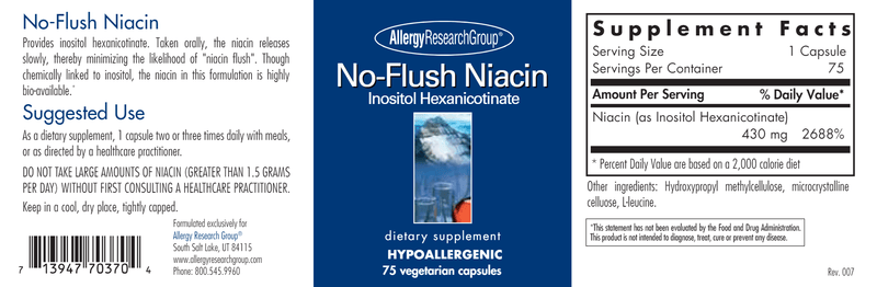 No-Flush Niacin (Allergy Research Group) label