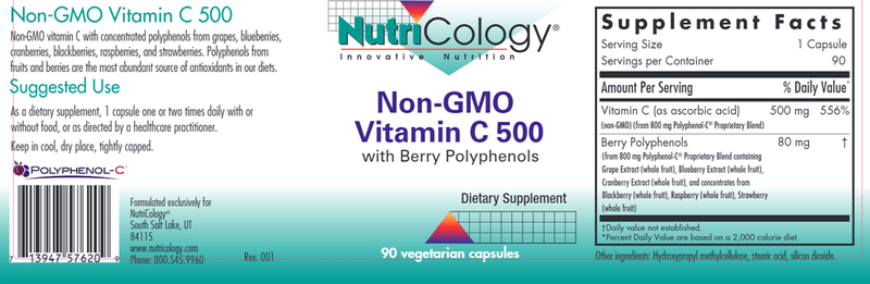 Non-GMO Vitamin C 500 (Nutricology) Label