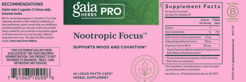 Nootropic Focus (Gaia Herbs Professional Solutions) Label