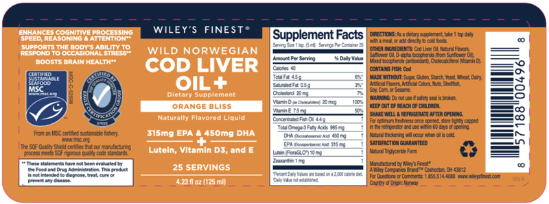Norwegian Cod Liver Oil + 4.23oz (Wiley's Finest) Label