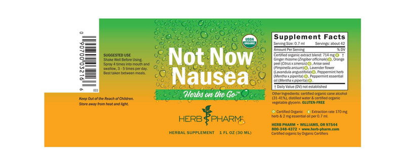 Not Now Nausea Spray Herbs On The Go label | Herb Pharm