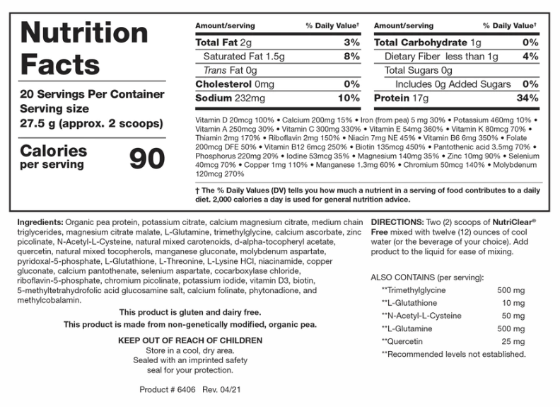 NutriClear Free (Biotics Research) Nutrition Facts