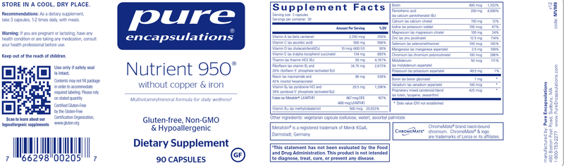Nutrient 950 W/O Cu & Fe 90 caps (Pure Encapsulations) label