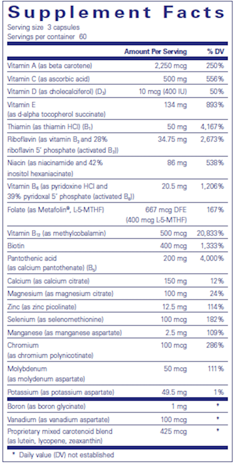 Nutrient 950 W/O Cu,Fe & I (Pure Encapsulations) supplement facts