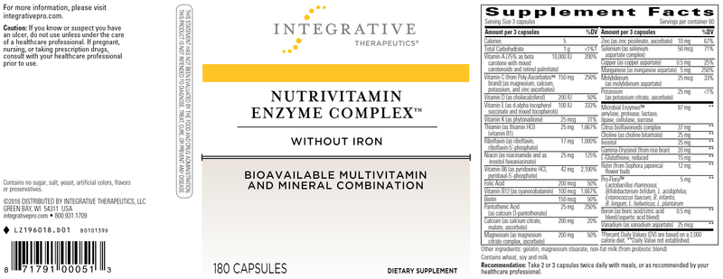 Nutrivitamin No Iron Enzyme Complex (Integrative Therapeutics) Label