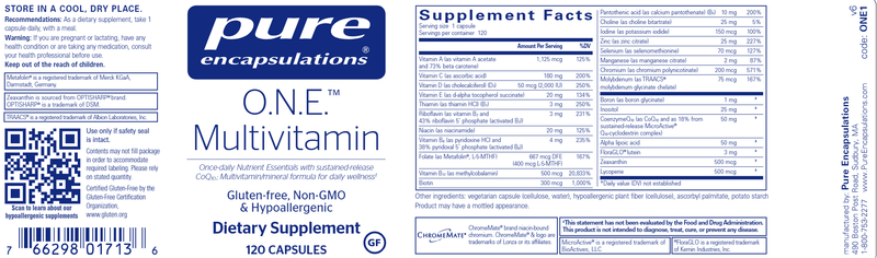 O.N.E. Multivitamin (Pure Encapsulations) 120ct label