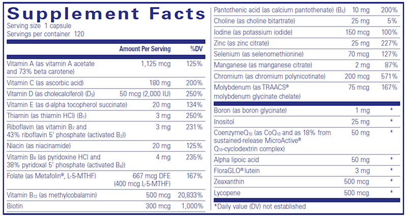 O.N.E. Multivitamin (Pure Encapsulations) 120ct supplement facts