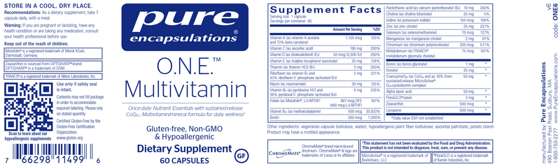 O.N.E. Multivitamin (Pure Encapsulations) 60ct label