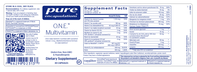 O.N.E. Multivitamin (Pure Encapsulations) 30ct Label
