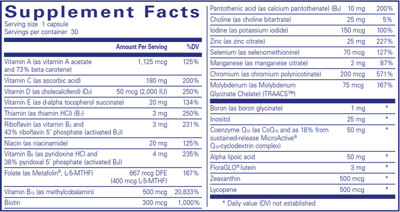 O.N.E. Multivitamin (Pure Encapsulations) 30ct Supplement Facts