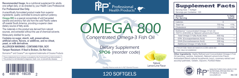 OMega 800 Professional Health Products Label