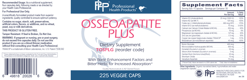 OSSEOAPATITE PLUS 225 Caps Professional Health Products Label