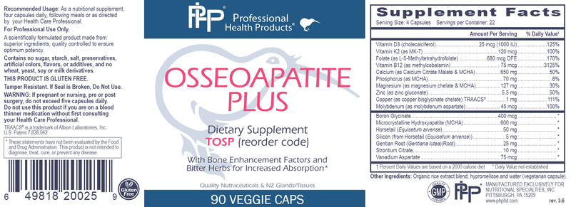 OSSEOAPATITE PLUS 90 Caps Professional Health Products Label