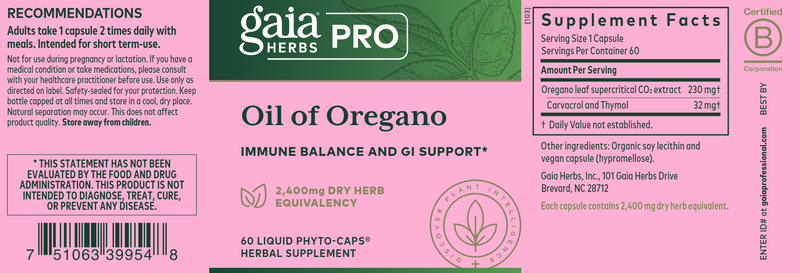 Oil Of Oregano (Gaia Herbs Professional Solutions) Label