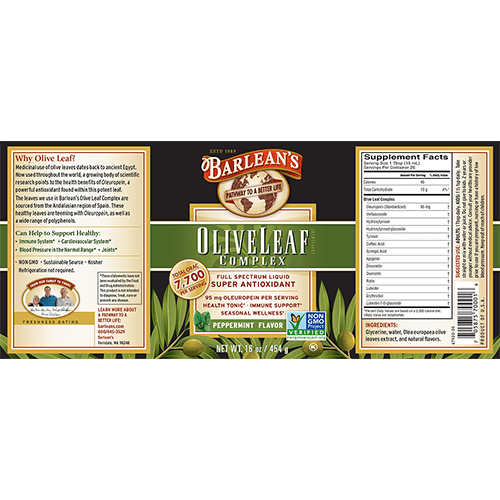 Olive Leaf Complex Peppermint 16oz (Barlean's Organic Oils) Label