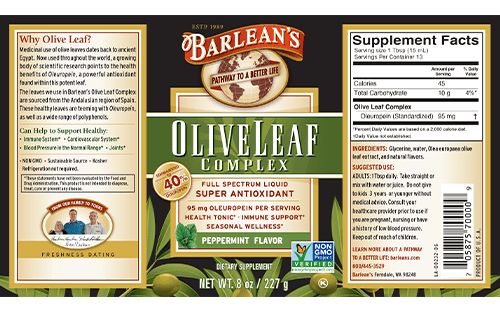 Olive Leaf Complex Peppermint 8oz (Barlean's Organic Oils) Label