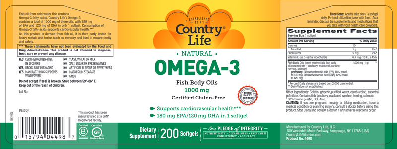 Omega-3 Fish Oil 1000 mg (Country Life) Label