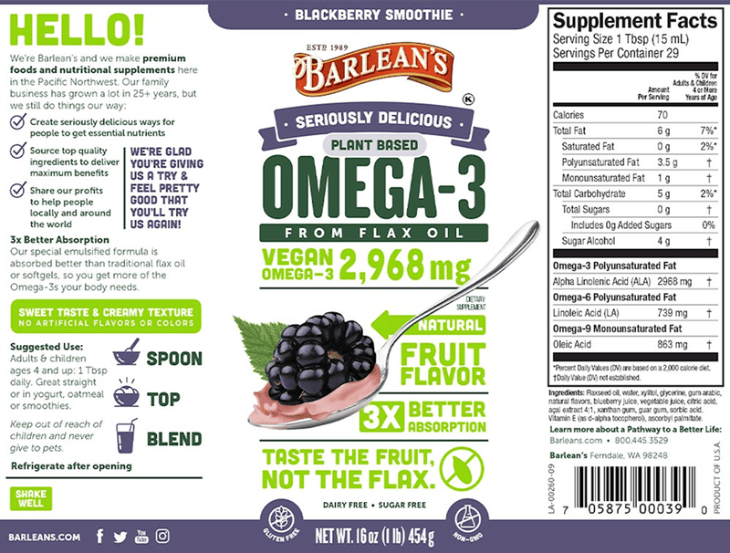 Omega-3 Vegan Blackberry Smoothie (Barlean's Organic Oils) Label