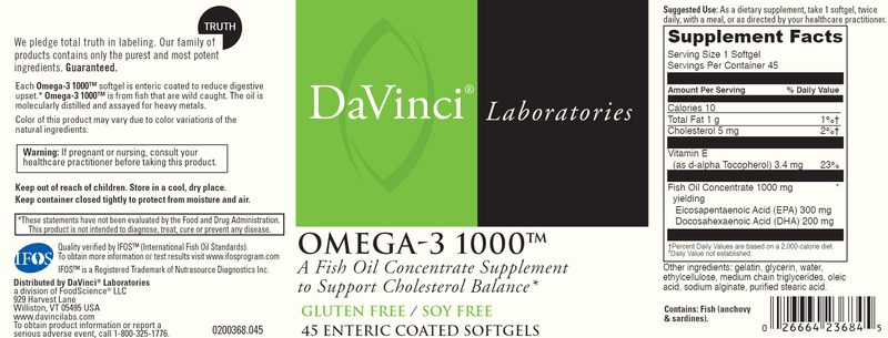 Omega 3 1000 (DaVinci Labs) 45ct Label