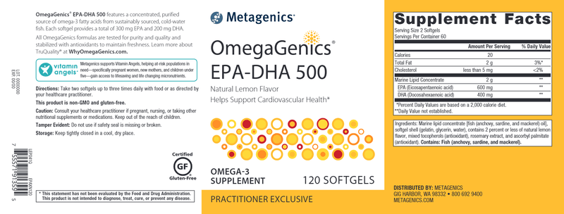 OmegaGenics EPA-DHA 500 Lemon (Metagenics) 120ct Label