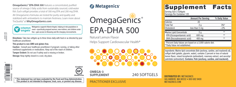OmegaGenics EPA-DHA 500 Lemon (Metagenics) 240ct Label