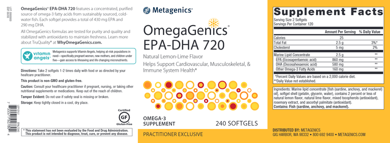 OmegaGenics EPA-DHA 720 Lemon (Metagenics) 240ct Label