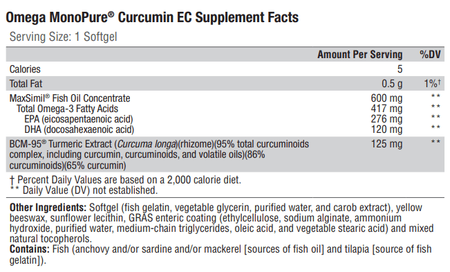 Omega MonoPure Curcumin EC (Xymogen) Supplement Facts