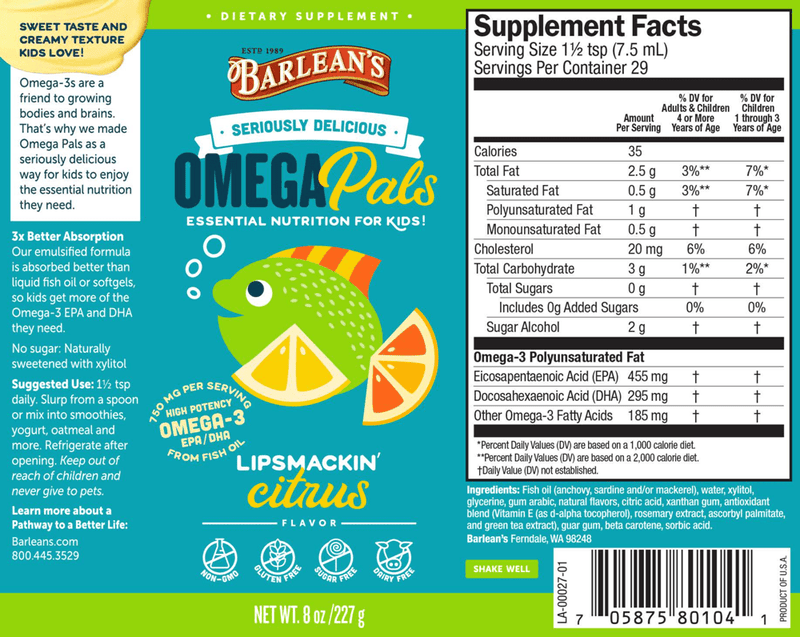Omega Pals Citrus Fish Oil (Barlean's Organic Oils) Label
