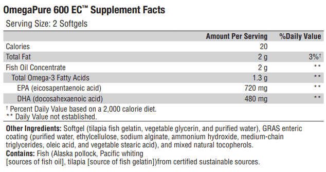 OmegaPure 600 EC (Xymogen) Supplement Facts