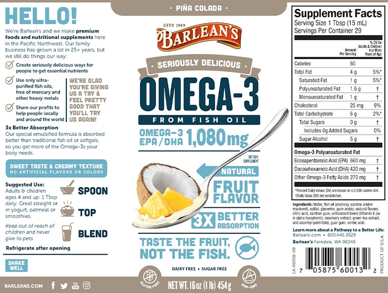Omega Swirl Pina Colada (Barlean's Organic Oils) Label
