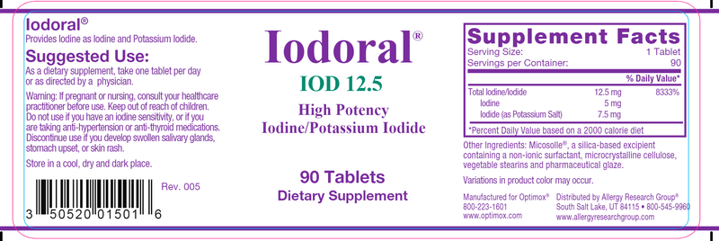 Optimox Iodoral 90 Tablets Allergy Research Group label