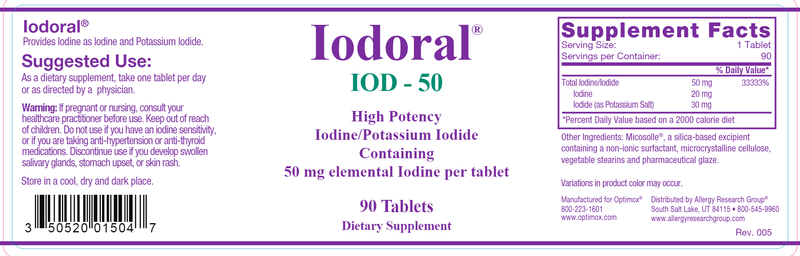 Optimox® Iodoral® 50 mg (Allergy Research Group) label