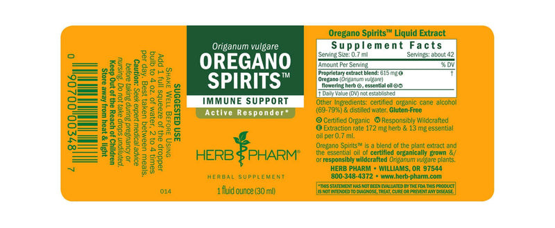 Oregano Spirits label Herb Pharm