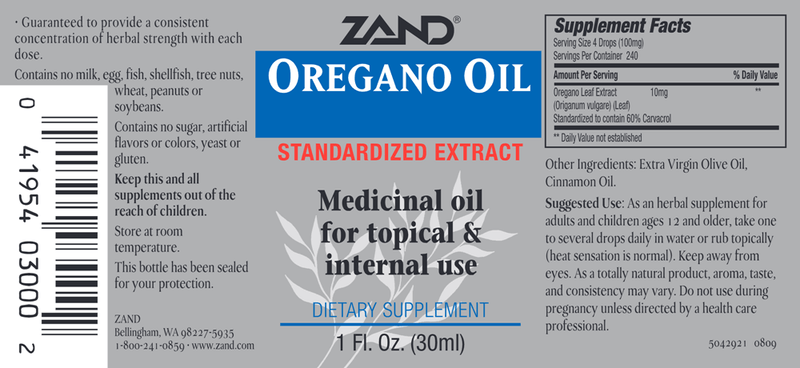 Oregano Oil (Zand Herbal) Label