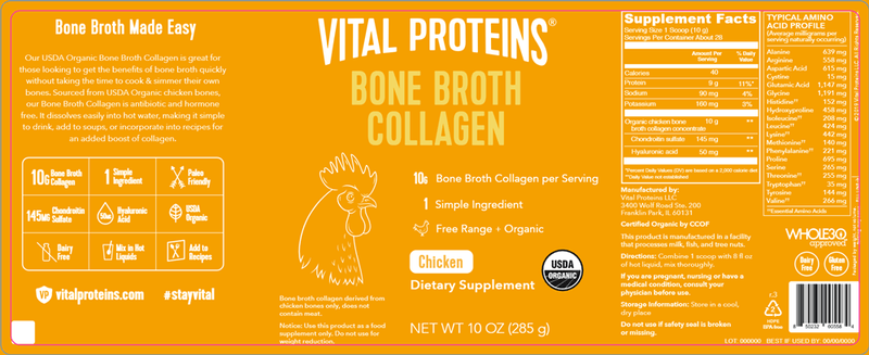Organic Chicken Bone Broth (Vital Proteins) Label