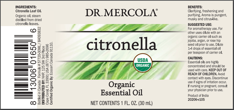 Organic Citronella Essential Oil (Dr. Mercola) Label