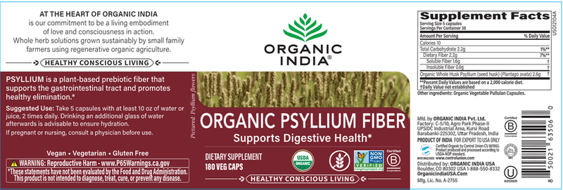 Organic Psyllium Fiber (Organic India) Label