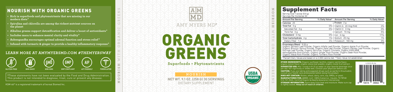 Organic Greens Powder (Amy Myers MD) Label
