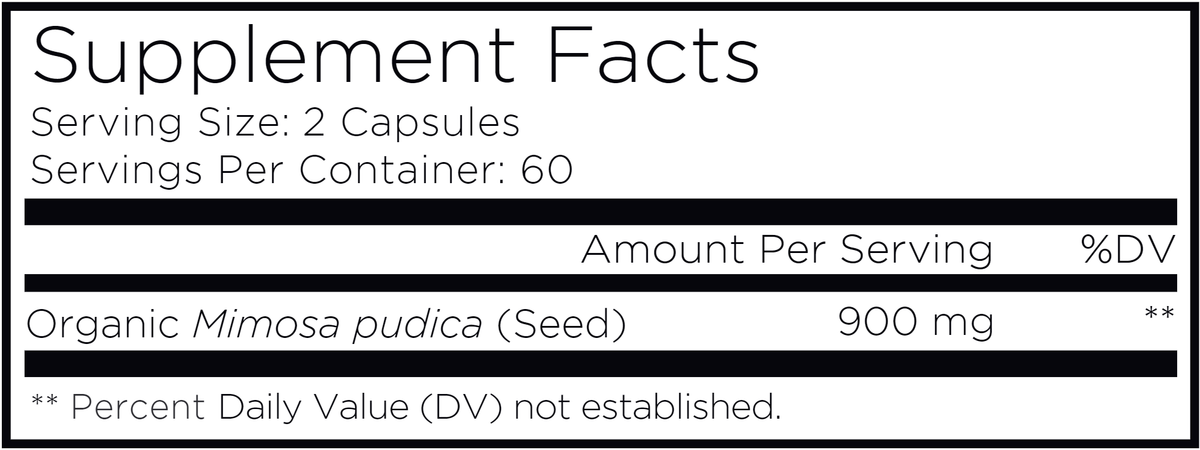 Organic Mimosa Pudica Seed Supplement Facts Label