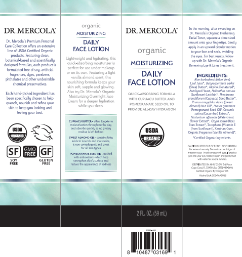 Organic Moisturizing Face Lotion (Dr. Mercola) Label