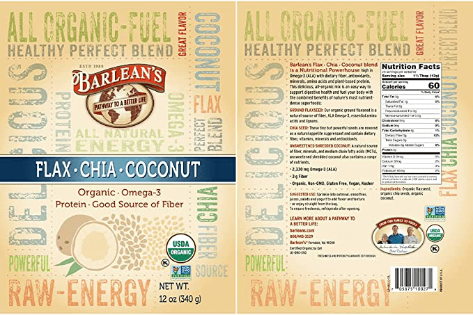 Organic Raw Energy (Barlean's Organic Oils) Label