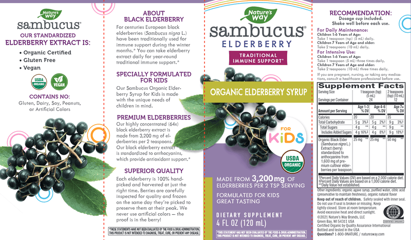 Organic Sambucus Syrup for Kids (Nature's Way) Label