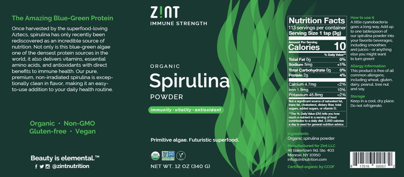 Organic Spirulina Powder (Zint Nutrition) Label