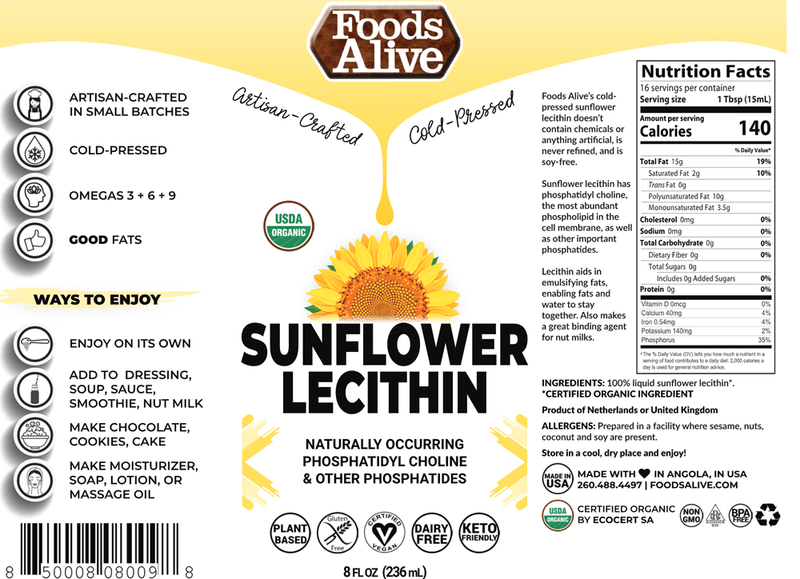 Organic Sunflower Lecithin Liquid (Foods Alive) Label